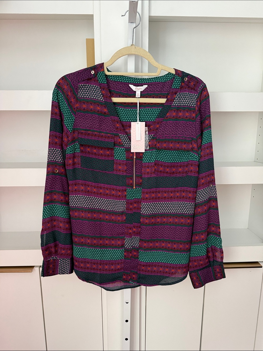 NWT Candies Zip Front Utility V-Neck Blouse Sz Medium Mystic Stripe Southwest